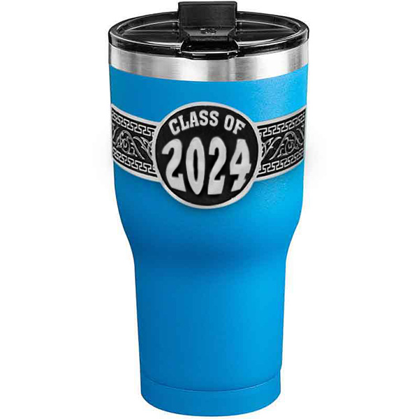 A customized tumbler made of stainless steel with a personalized engraved Class of 2024 lettering, 30 oz, ideal for coffee or cool drinks